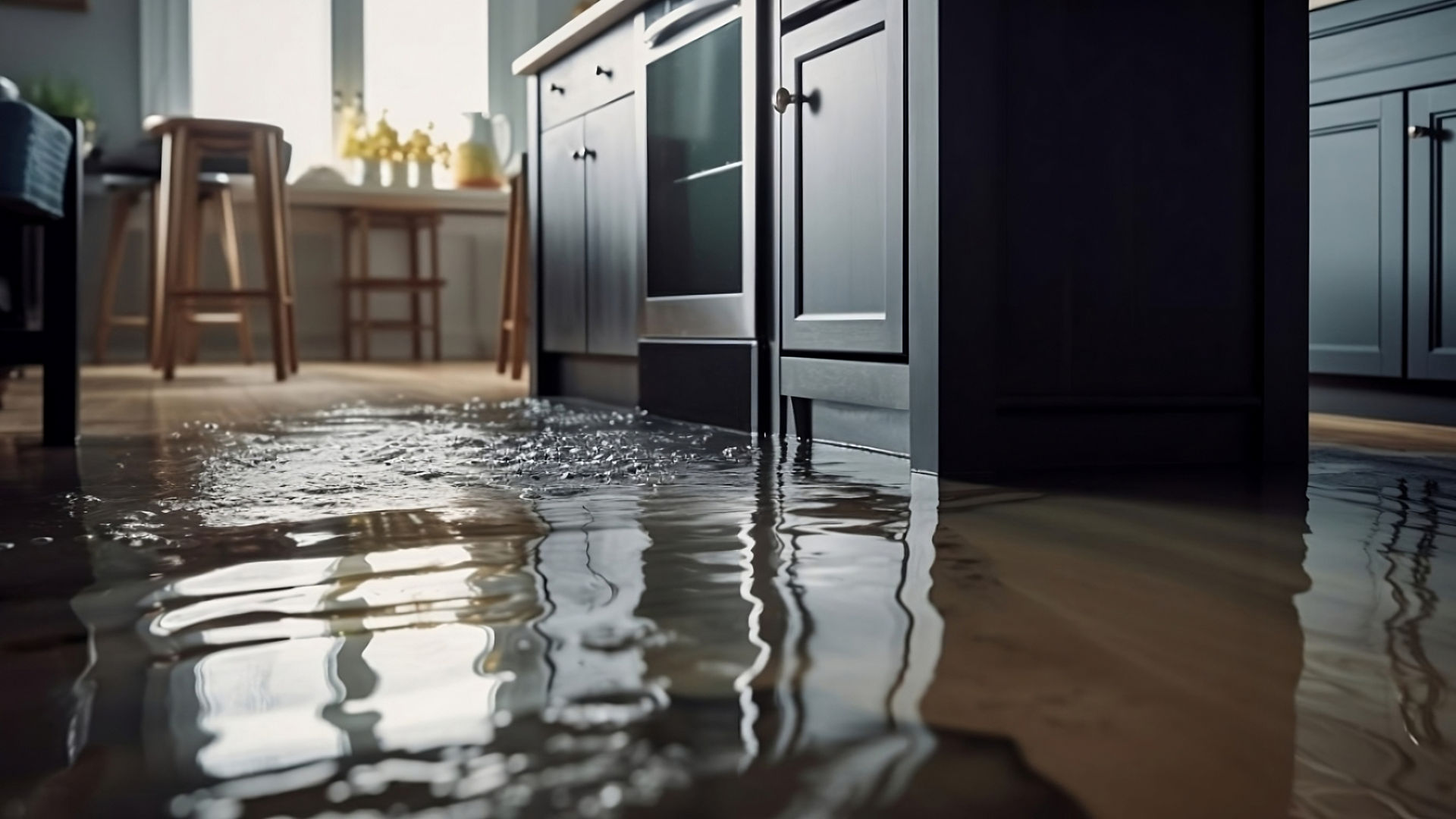 Flooded Modern Kitchen with Water on Floor