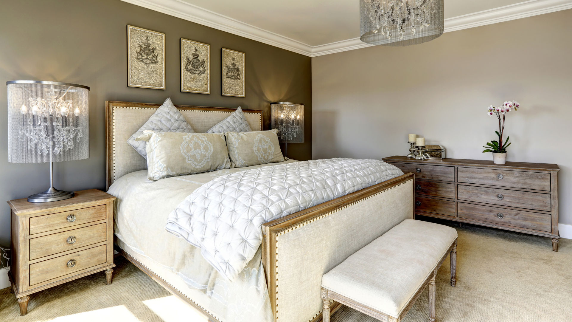 Elegant Neutral Bedroom with Crystal Lighting Fixtures