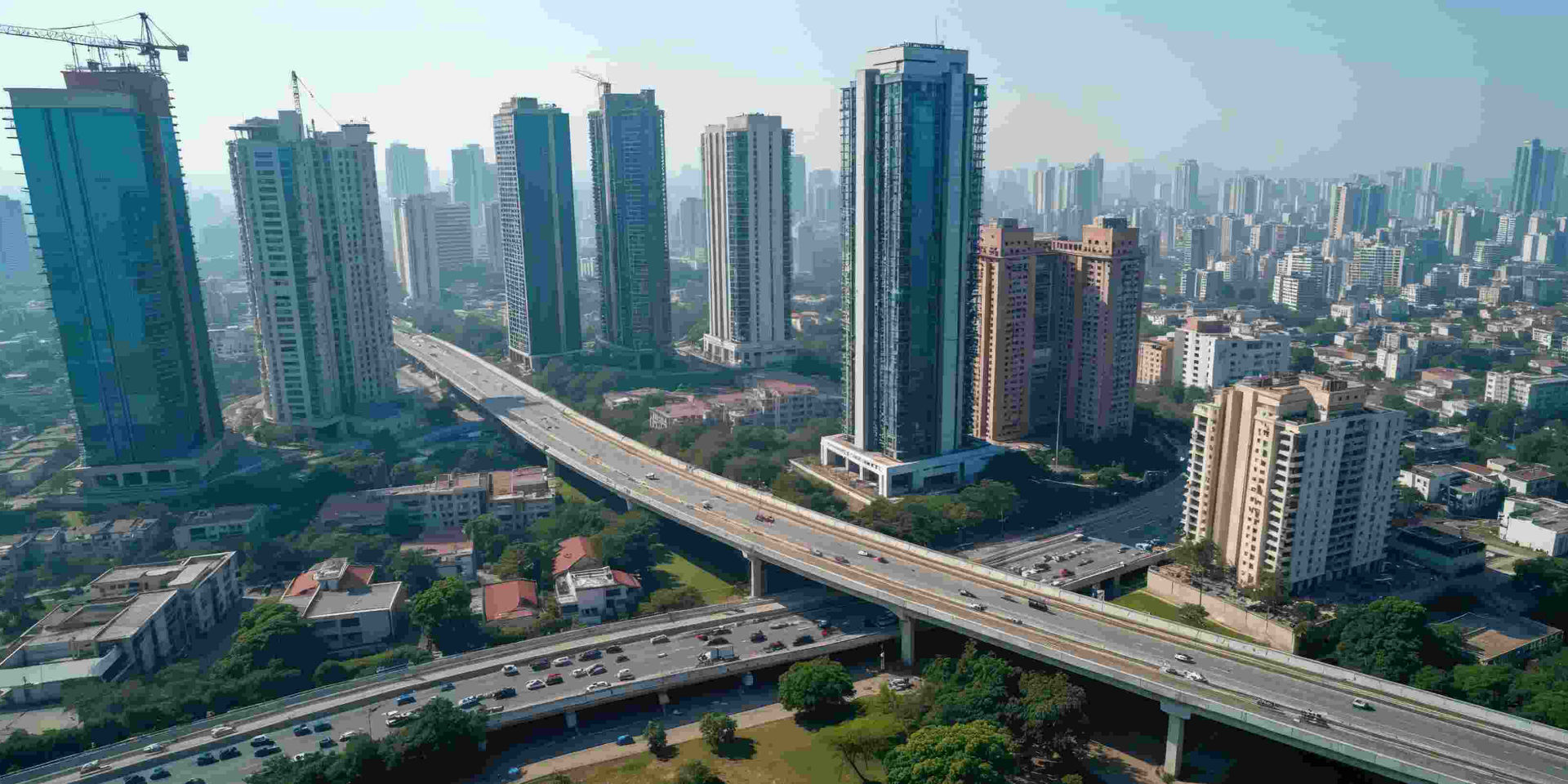 Aerial view of urban infrastructure in India with high-rise buildings, elevated highways, and ongoing construction, showcasing modern city development and potential applications for Sika India’s construction chemicals and solutions