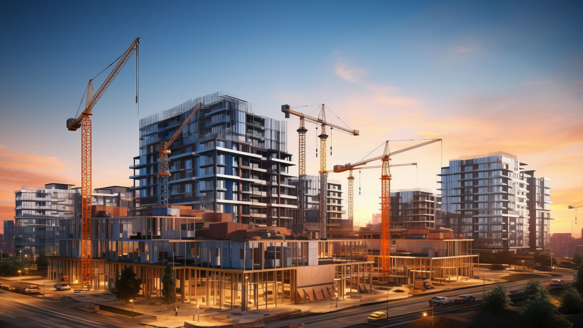 Urban construction site at sunset