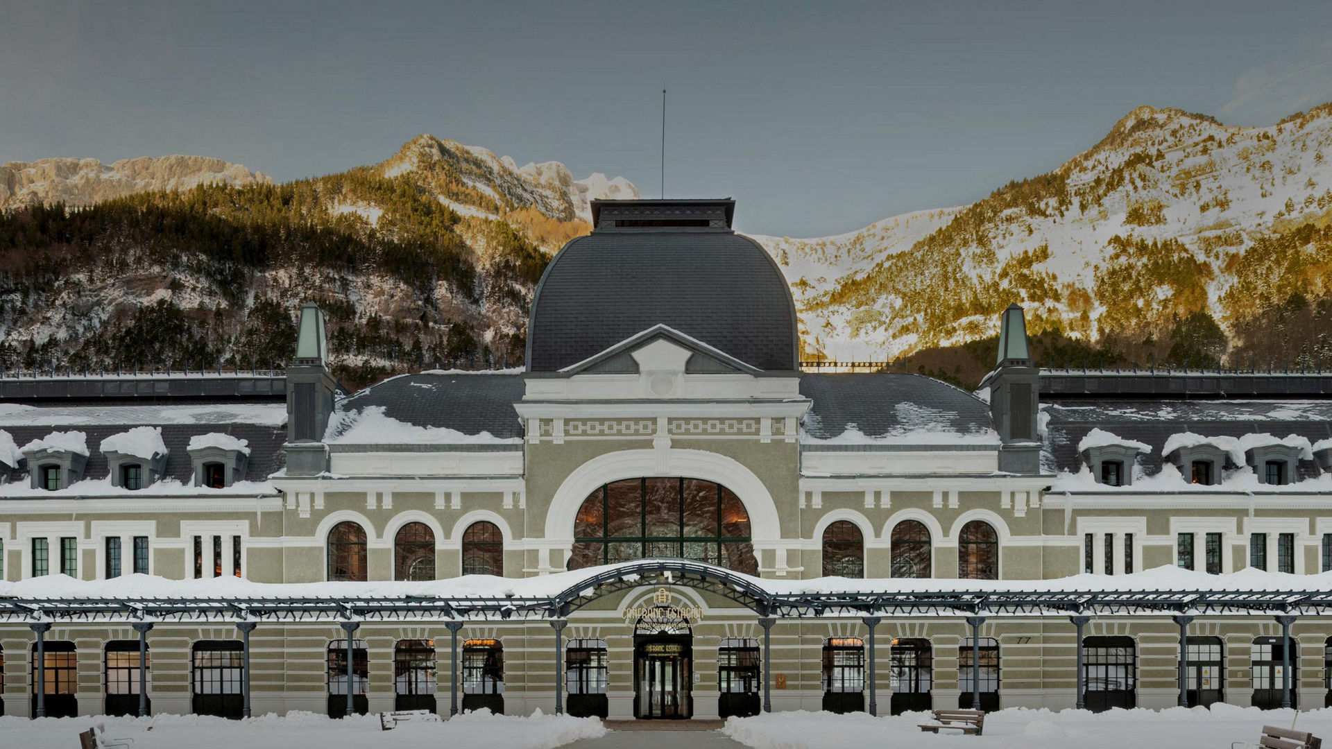 Historic building in snowy mountain setting