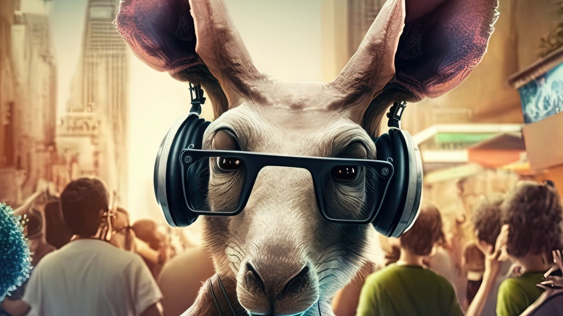 Stylish kangaroo with headphones in urban crowd scene