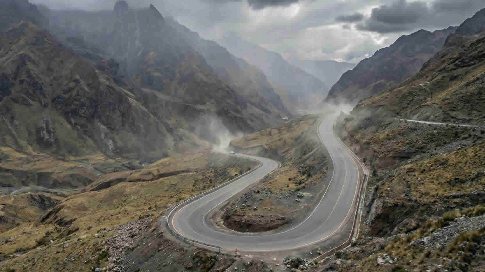 Winding Mountain Road on Misty Overcast Day