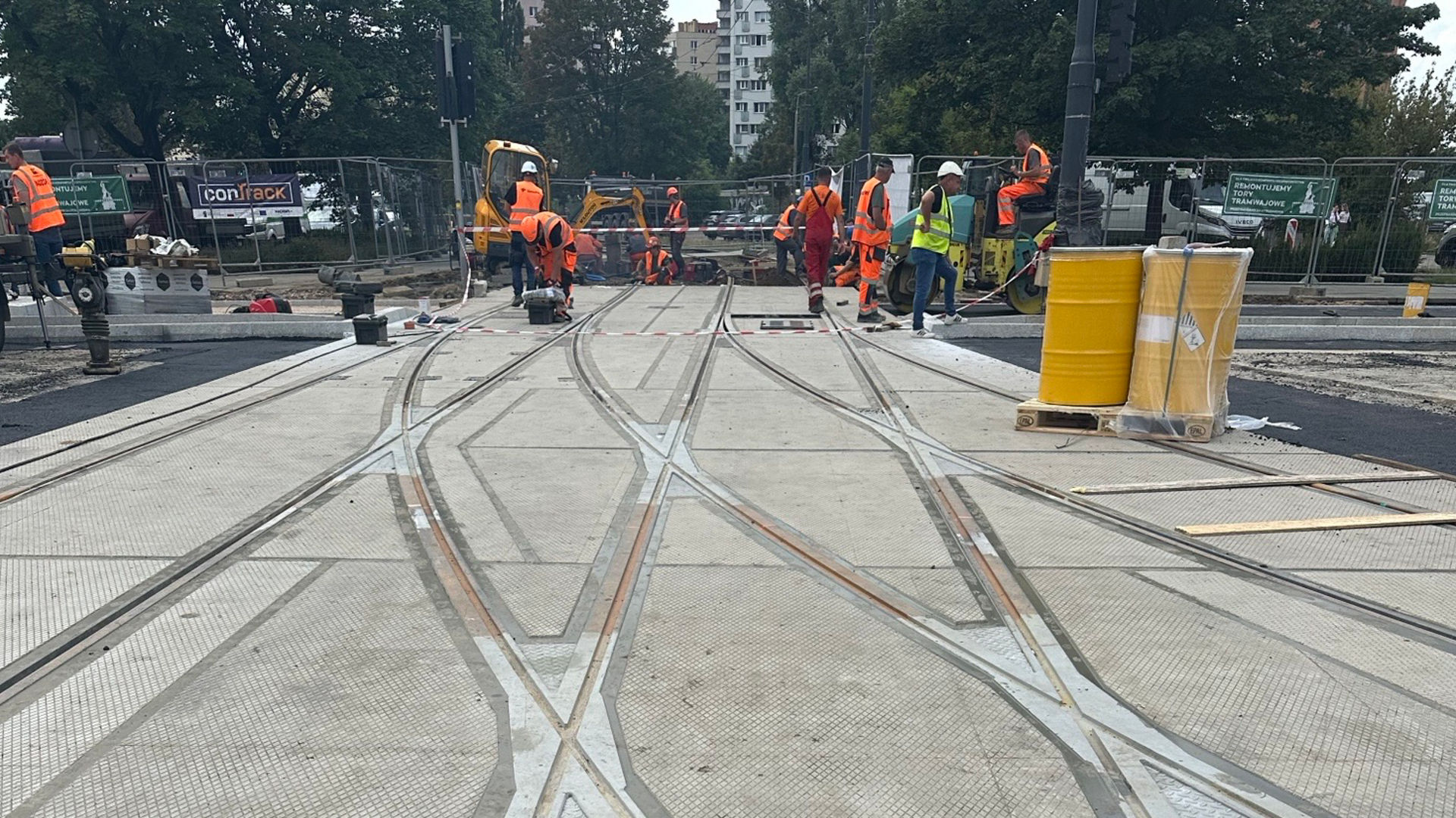 Urban tramway construction with workers onsite