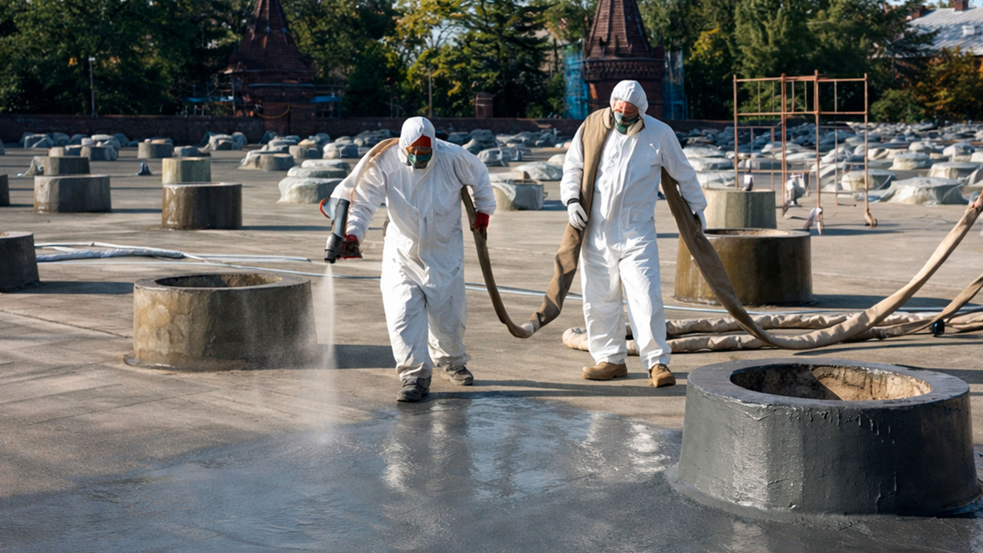 Workers Applying Protective Coating on Industrial Rooftop