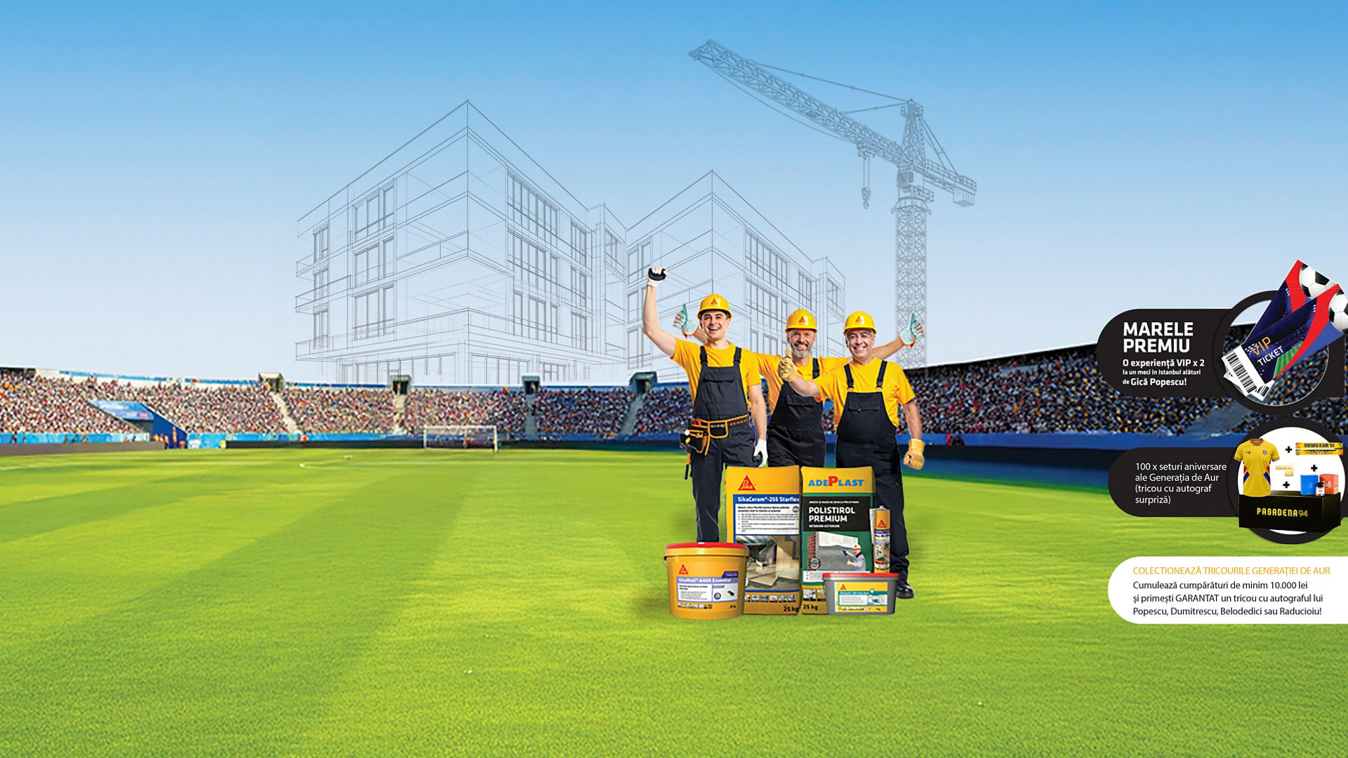 Construction workers on stadium field with products