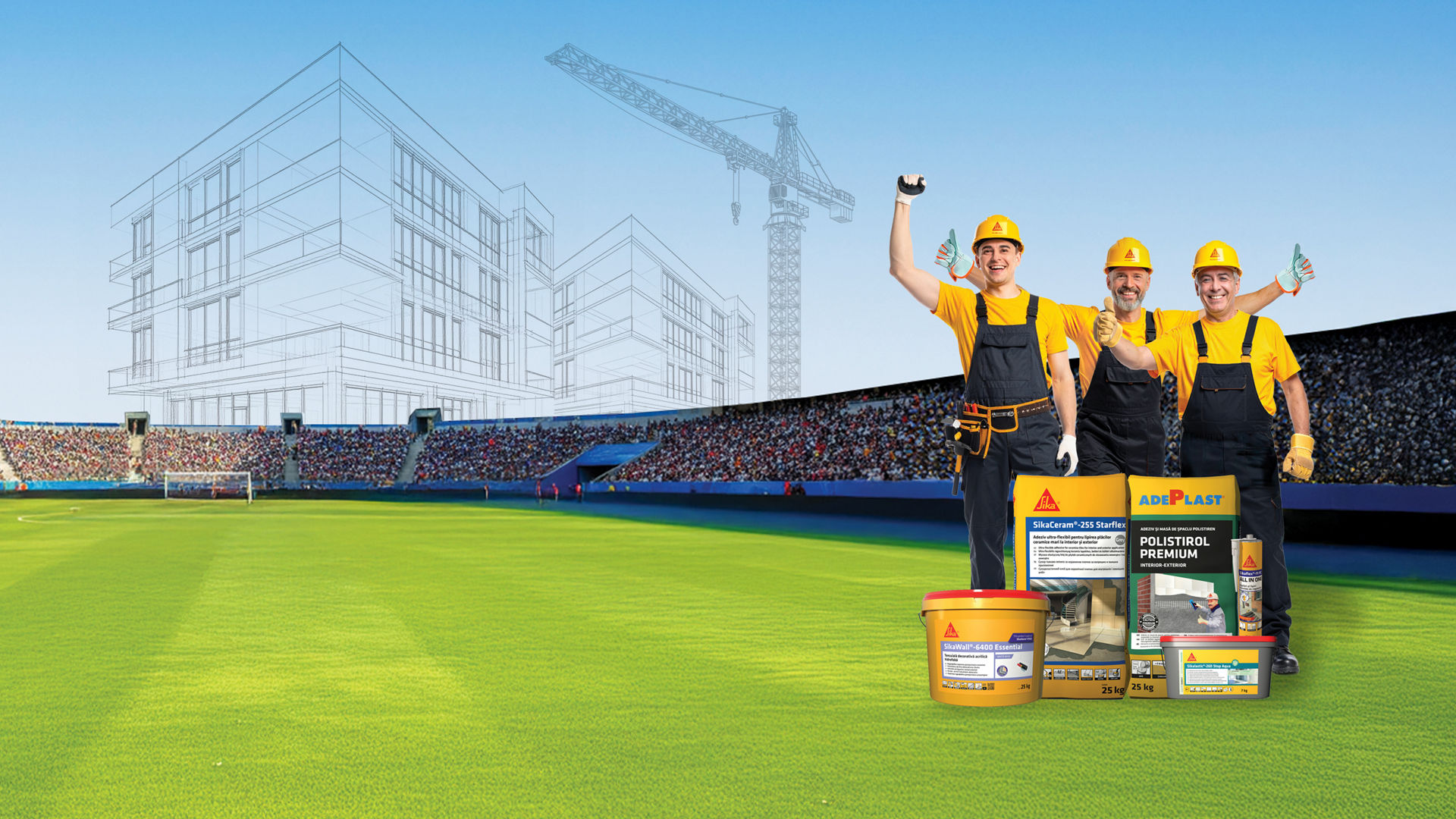 Construction workers with building materials