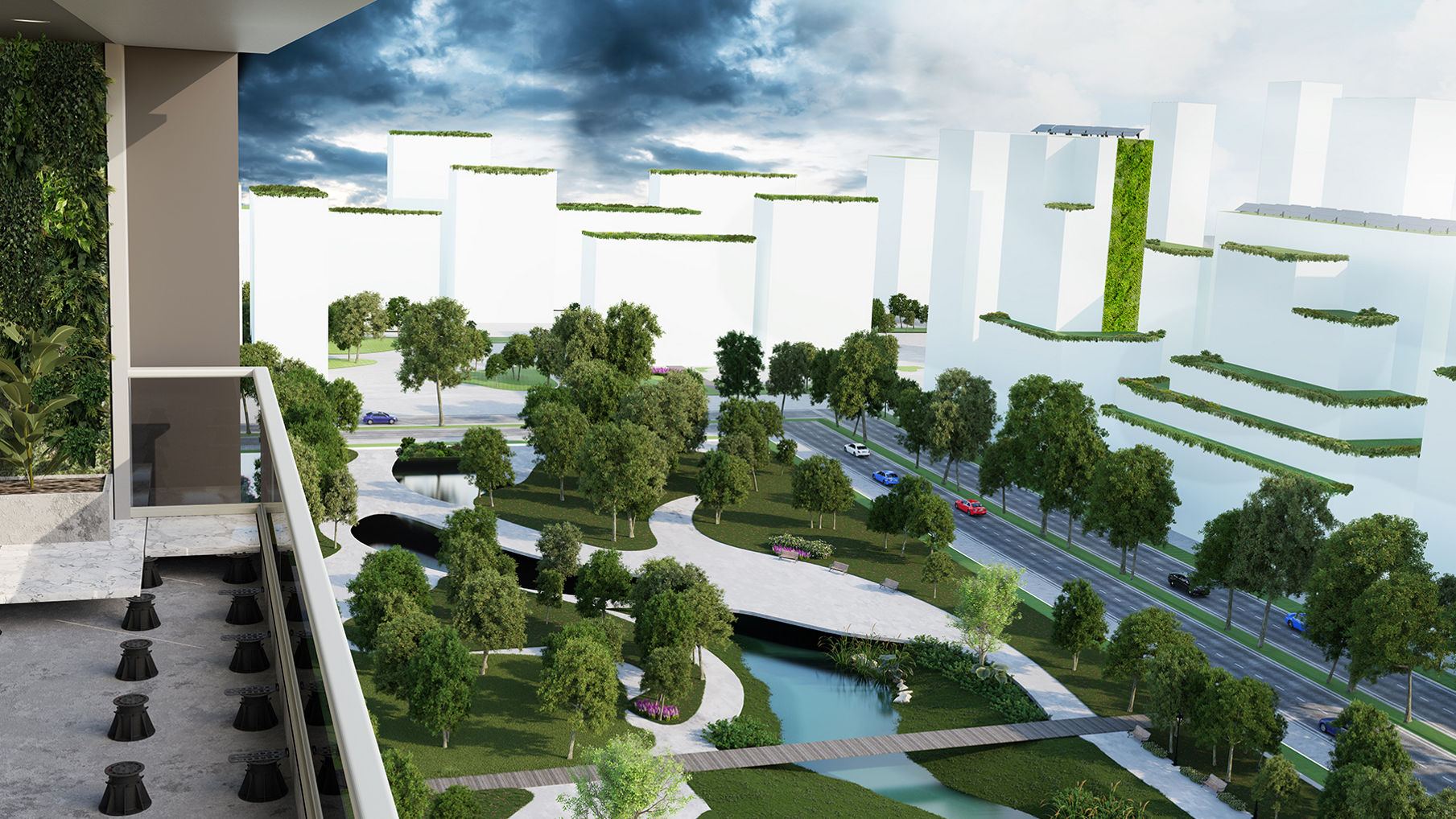 Modern balcony overlooking green urban park