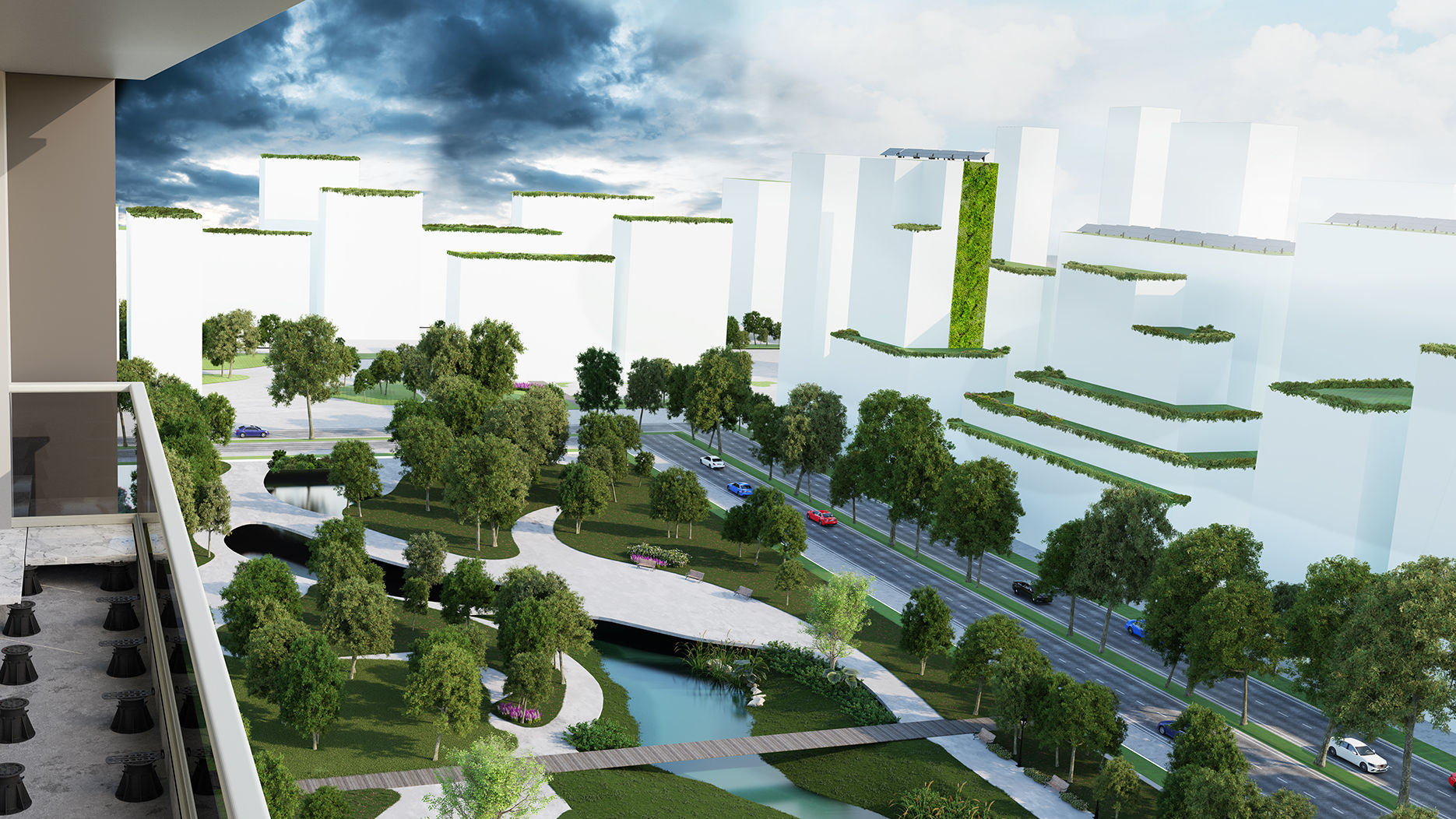 Modern green cityscape with rooftop garden