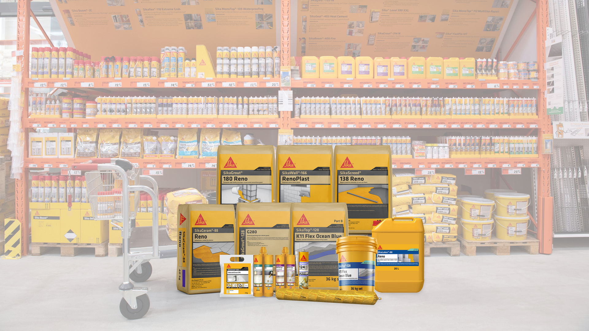 Construction chemical products displayed in hardware store aisle