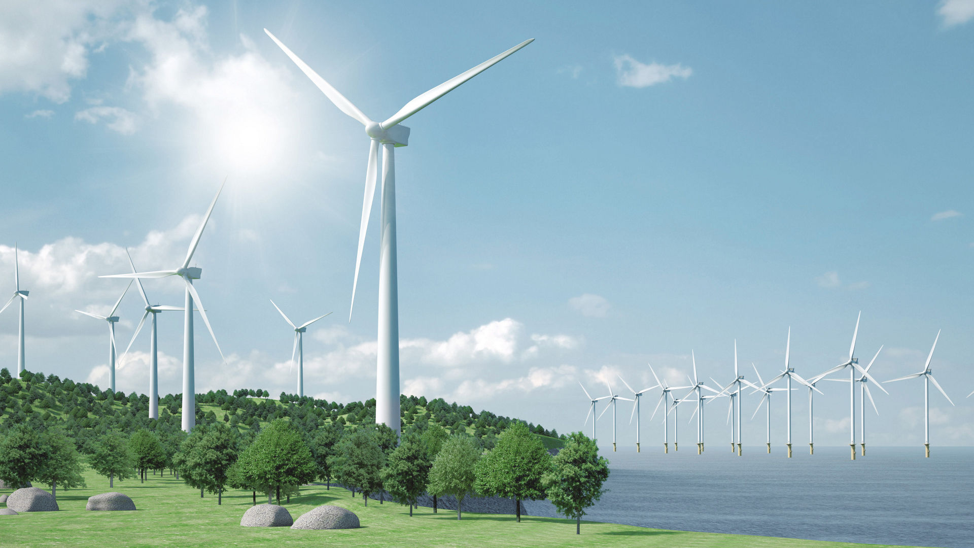 A graphic presenting wind turbines near forest and ocean