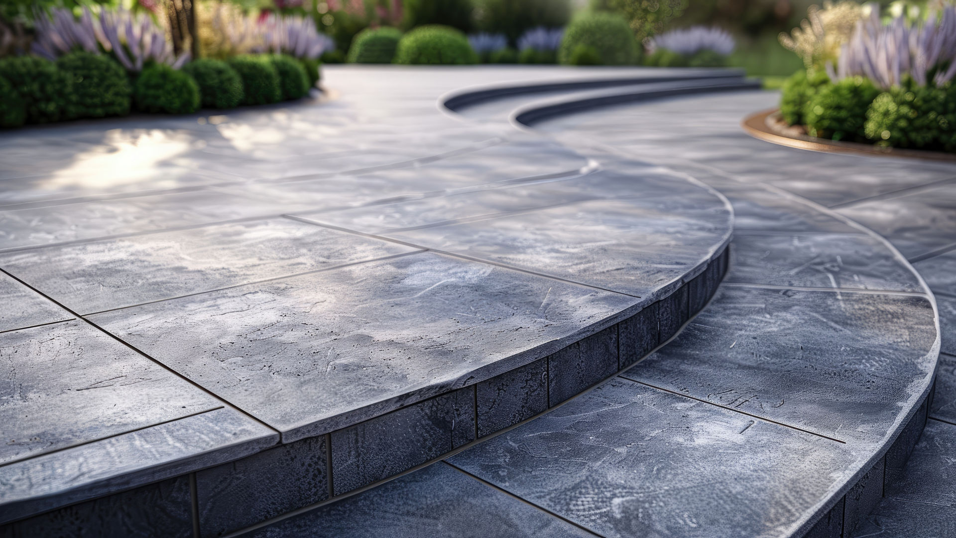 Garden paving under construction with grey porcelain patio tiles and curved charcoal edge bricks