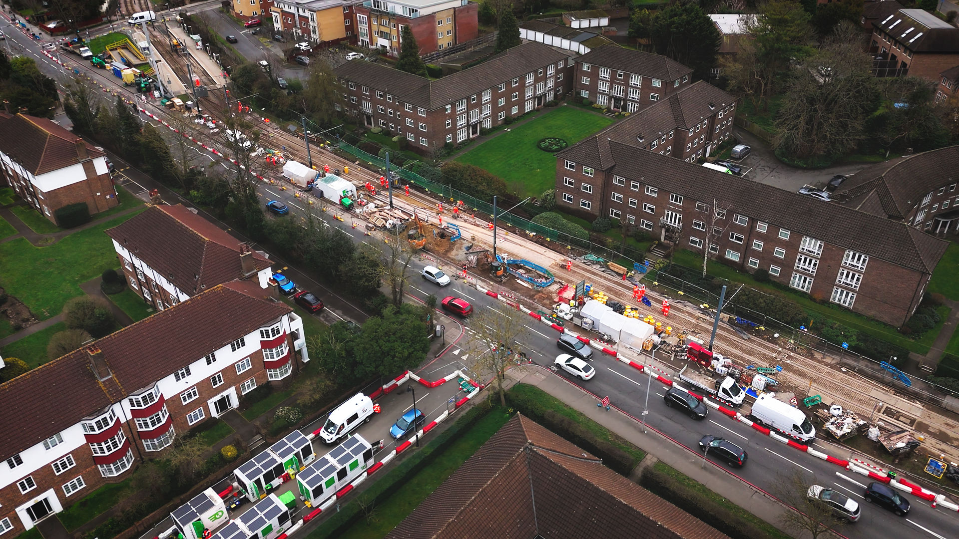 Aerial View of Urban Road Construction and Traffic