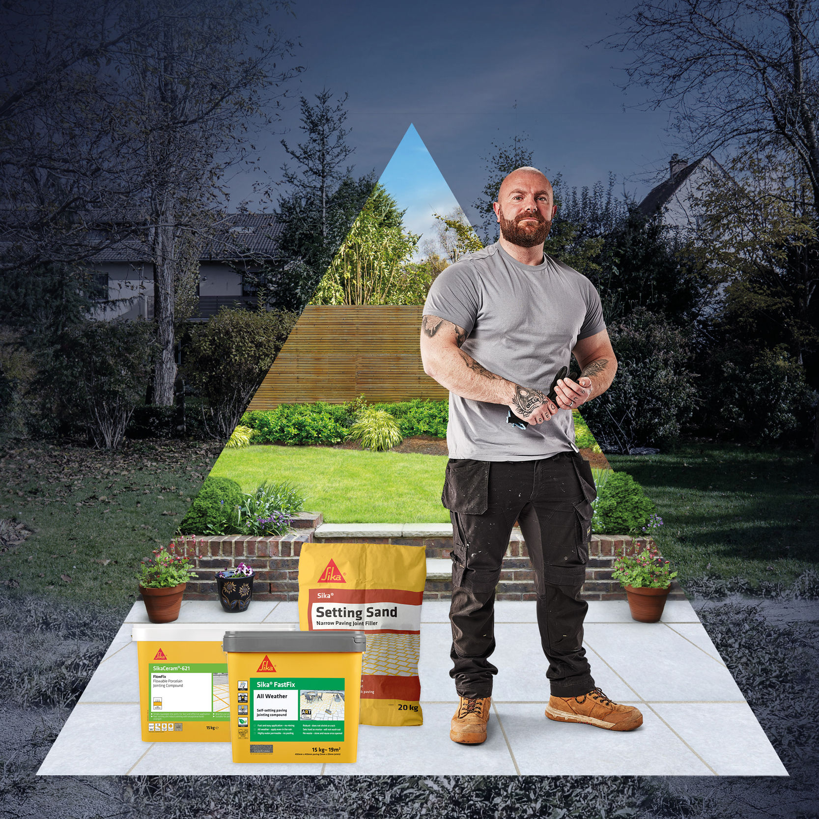 Man stood on paving next to landscaping products