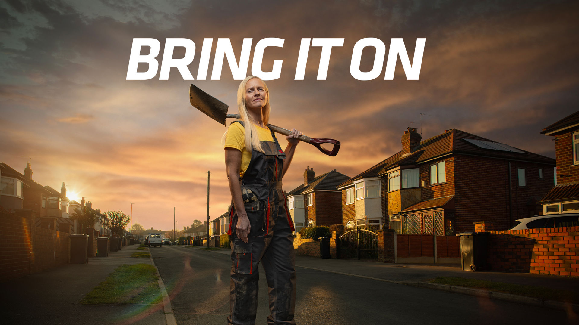 Worker with shovel on suburban street
