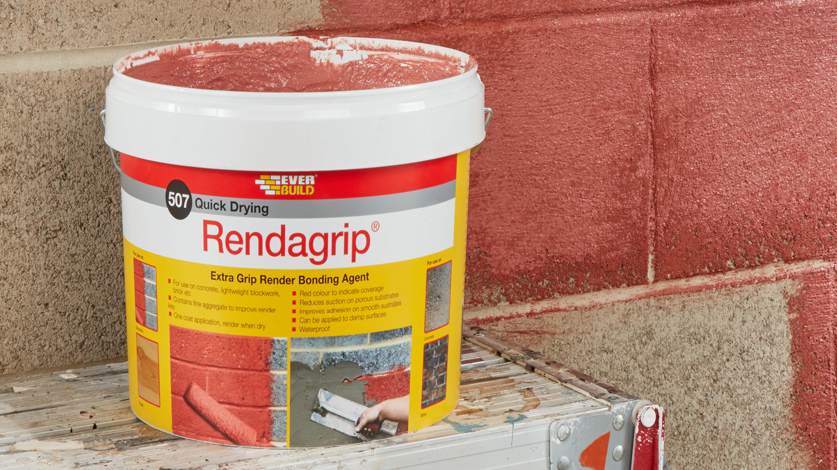 Tub of 507 Rendagrip on bench near wall