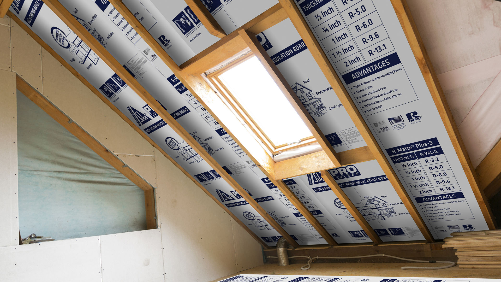 Attic insulation panels with visible specifications