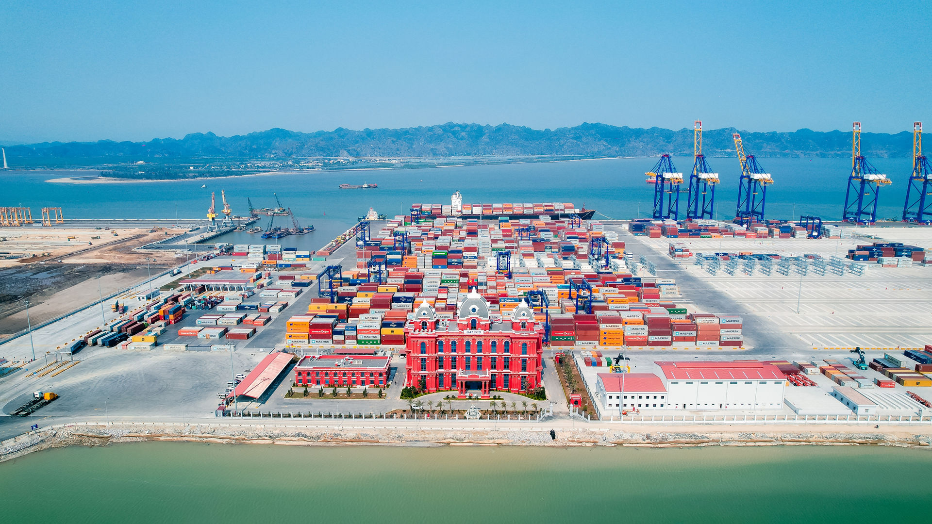 Aerial View of Shipping Port with Containers
