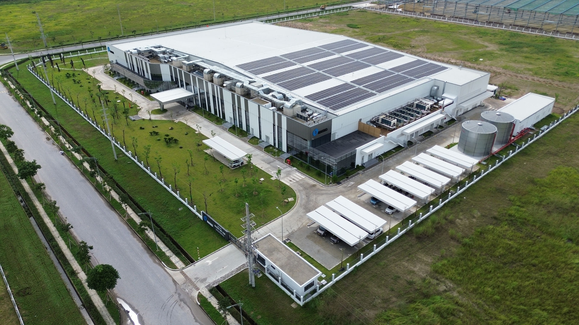 Aerial view of solar-powered industrial facility