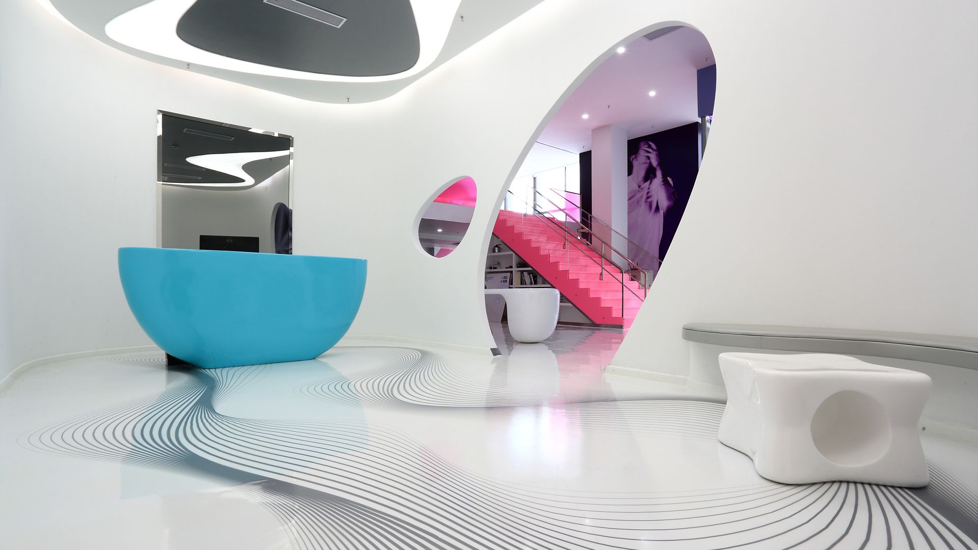 Decorative white floor made with Sika ComfortFloor system at Karim Rashid Design Institute in Shenzhen, China